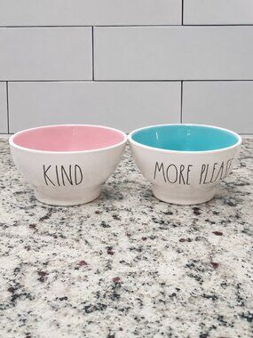Rae Dunn Pink & Blue Interior Ceramic Bowls - 'Kind' & 'More' cereal snacks